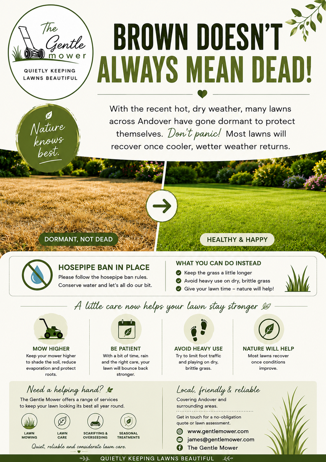 Brown lawns and dry weather advice from The Gentle mower